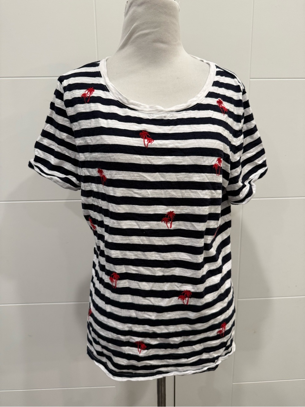 Talbots Black & White Striped Tee with Red Palm Embroidery